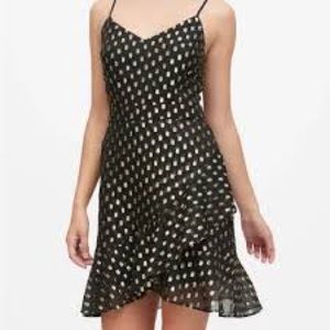 Banana Republic black & gold dot metallic ruffled asymmetrical dress Sz 12